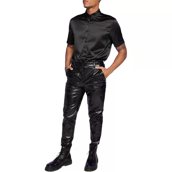 WDIRARA Men's Button Front Short Sleeve Fringe Trim Party Shirt Collar Club Tops