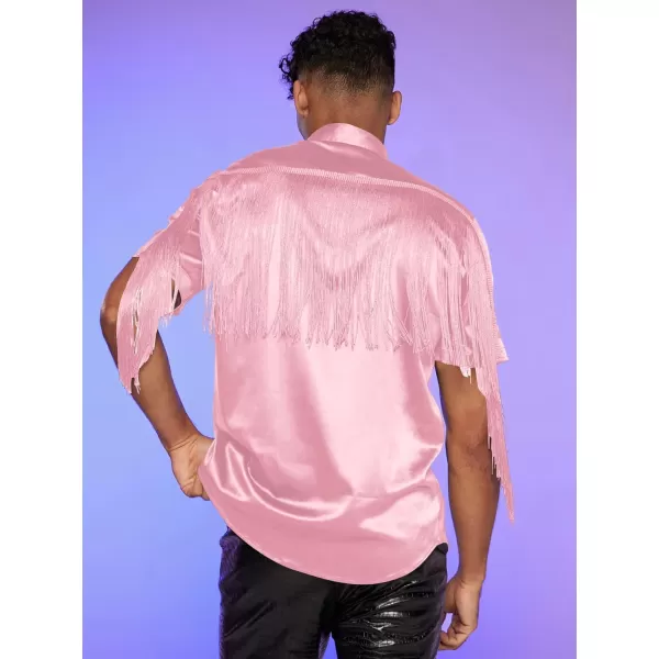 WDIRARA Men's Button Front Short Sleeve Fringe Trim Party Shirt Collar Club Tops