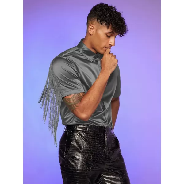 WDIRARA Men's Button Front Short Sleeve Fringe Trim Party Shirt Collar Club Tops