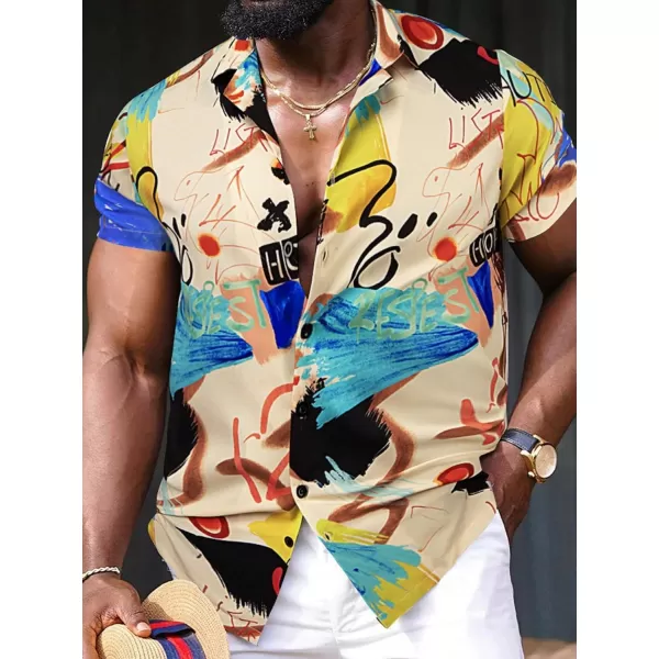 WDIRARA Men's Button Up Short Sleeve Cat Print Beachwear Striped Pocket Hawaiian Shirt Casual Collar Top