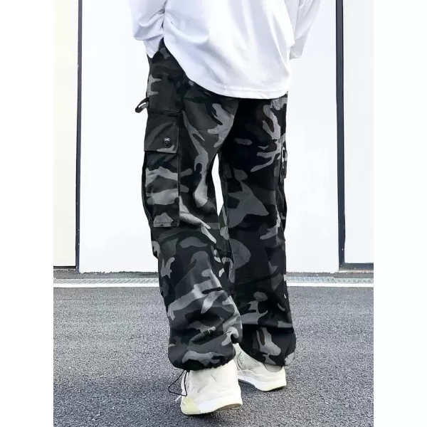 WDIRARA Men's Camo Print Drawstring Flap Pocket Side High Waist Cargo Pants
