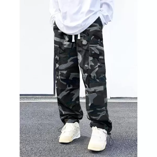WDIRARA Men's Camo Print Drawstring Flap Pocket Side High Waist Cargo Pants