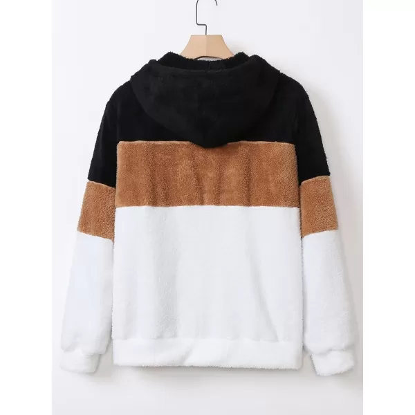 WDIRARA Men's Color Block Drawstring Long Sleeve Pocket Teddy Shearling Hoodie Pullover Sweatshirt