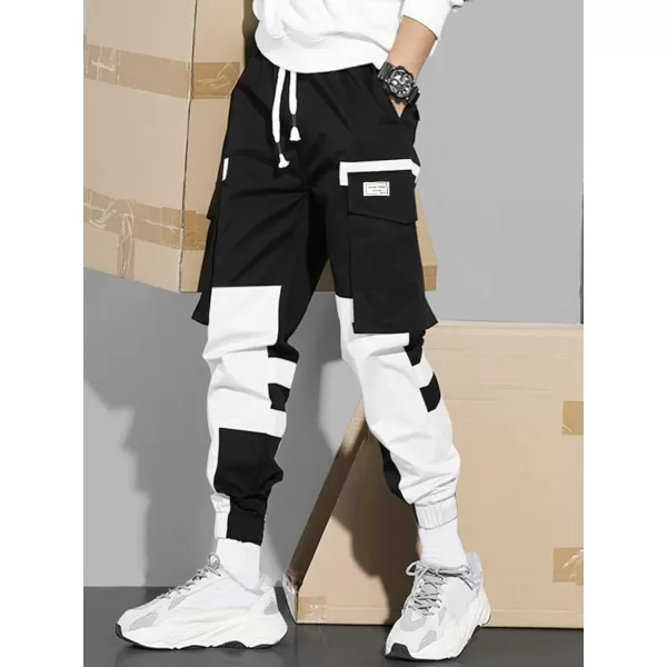 WDIRARA Men's Colorblock Cargo Pants Drawstring Waist Active Sporty Pants with Pockets