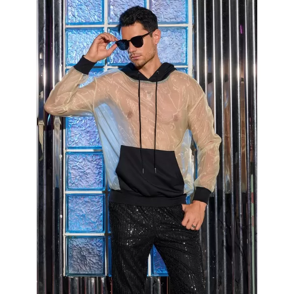 WDIRARA Men's Contrast Mesh Drawstring Long Sleeve Pullover Casual Hoodie Sweatshirts with Pockets