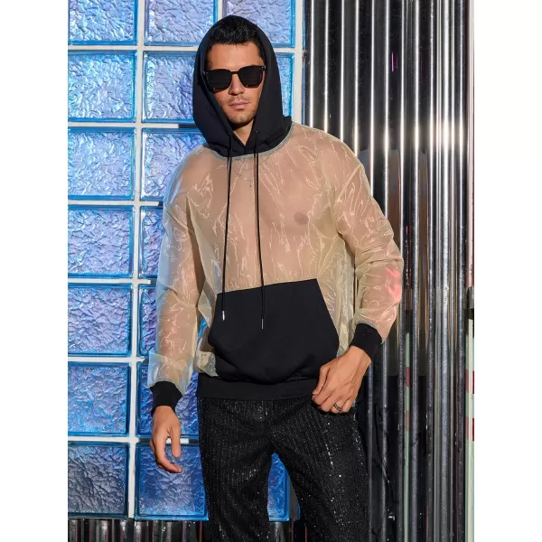 WDIRARA Men's Contrast Mesh Drawstring Long Sleeve Pullover Casual Hoodie Sweatshirts with Pockets