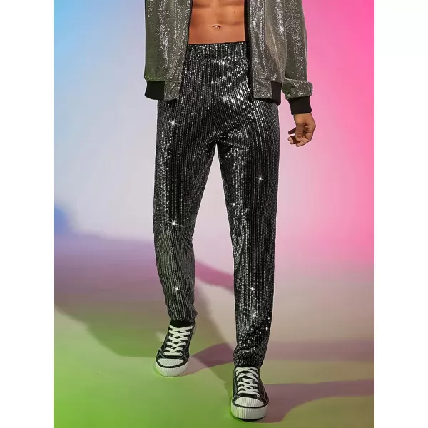 WDIRARA Men's Contrast Sequin Carrot Pants Elastic Waist Skinny Straight Leg Pants