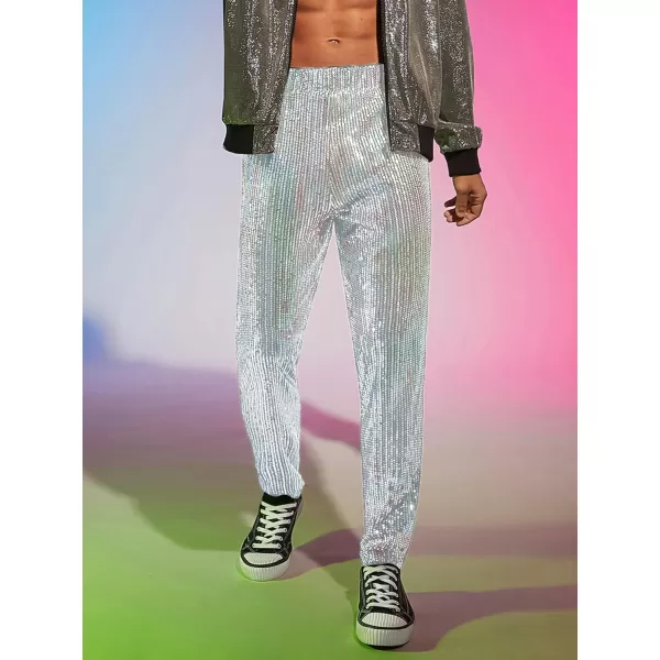 WDIRARA Men's Contrast Sequin Carrot Pants Elastic Waist Skinny Straight Leg Pants