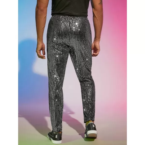 WDIRARA Men's Contrast Sequin Carrot Pants Elastic Waist Skinny Straight Leg Pants