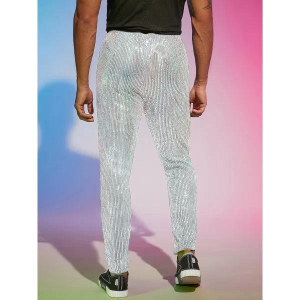 WDIRARA Men's Contrast Sequin Carrot Pants Elastic Waist Skinny Straight Leg Pants