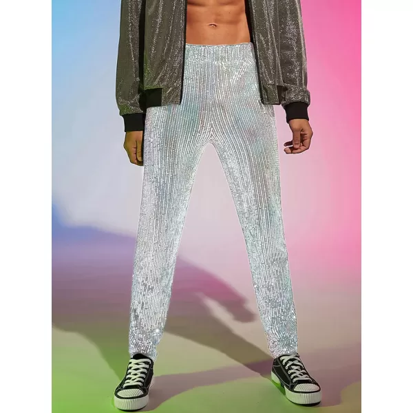 WDIRARA Men's Contrast Sequin Carrot Pants Elastic Waist Skinny Straight Leg Pants
