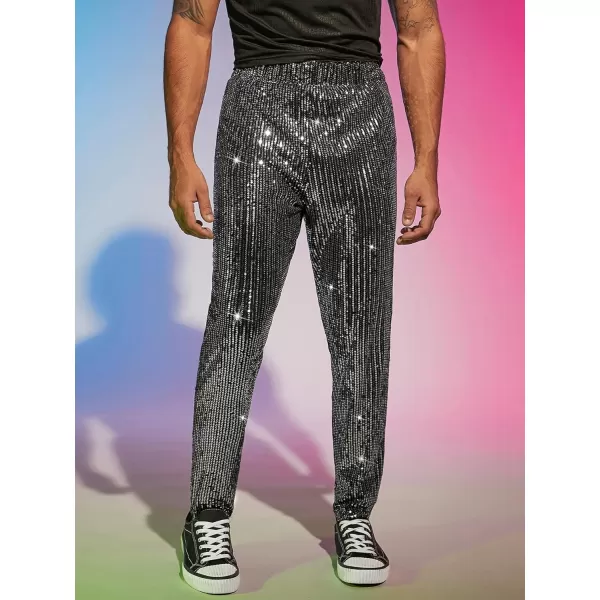 WDIRARA Men's Contrast Sequin Carrot Pants Elastic Waist Skinny Straight Leg Pants