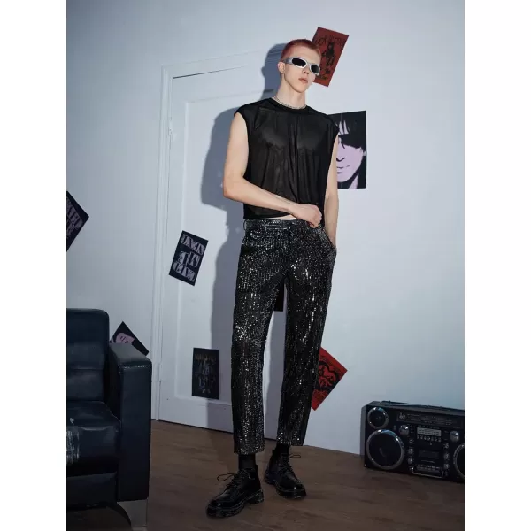 WDIRARA Men's Contrast Sequin Carrot Pants Elastic Waist Skinny Straight Leg Pants