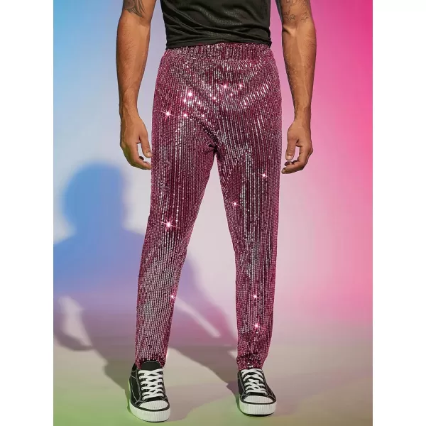 WDIRARA Men's Contrast Sequin Carrot Pants Elastic Waist Skinny Straight Leg Pants