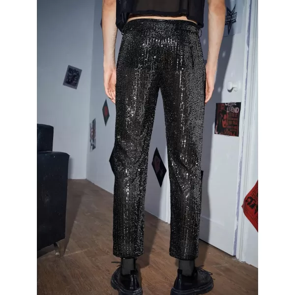 WDIRARA Men's Contrast Sequin Carrot Pants Elastic Waist Skinny Straight Leg Pants