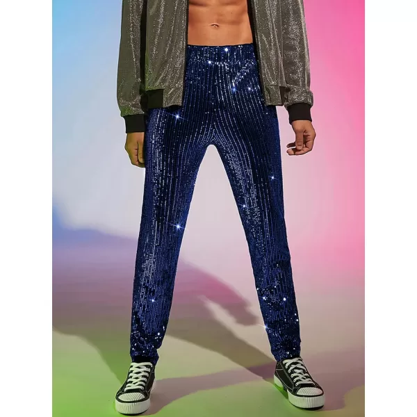 WDIRARA Men's Contrast Sequin Carrot Pants Elastic Waist Skinny Straight Leg Pants