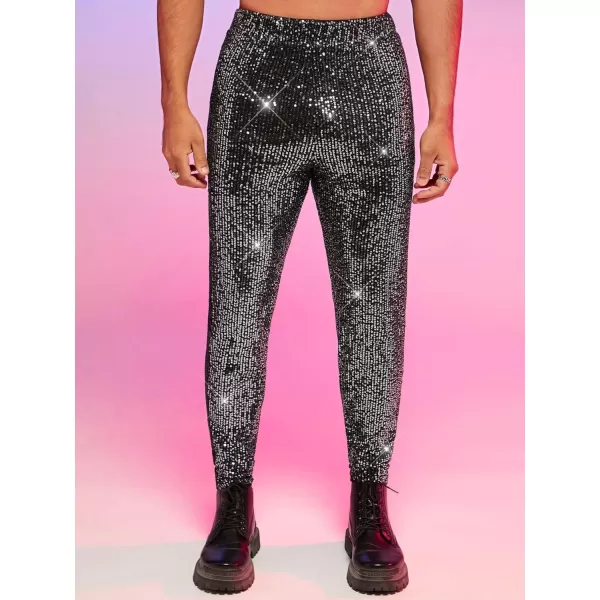 WDIRARA Men's Contrast Sequin Carrot Pants Elastic Waist Skinny Straight Leg Pants