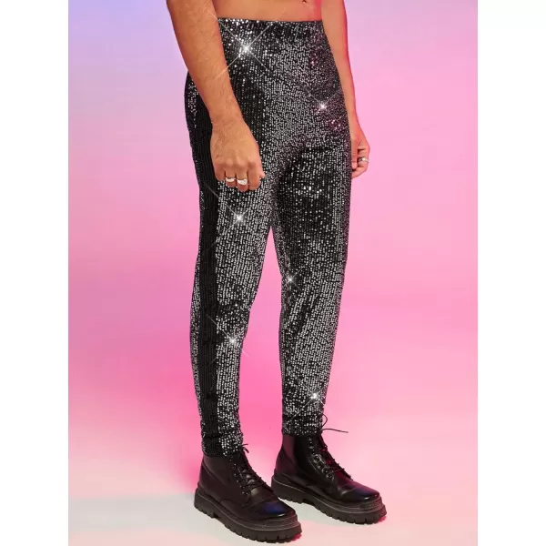 WDIRARA Men's Contrast Sequin Carrot Pants Elastic Waist Skinny Straight Leg Pants