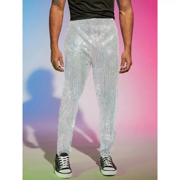 WDIRARA Men's Contrast Sequin Carrot Pants Elastic Waist Skinny Straight Leg Pants