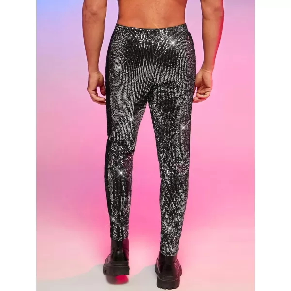 WDIRARA Men's Contrast Sequin Carrot Pants Elastic Waist Skinny Straight Leg Pants