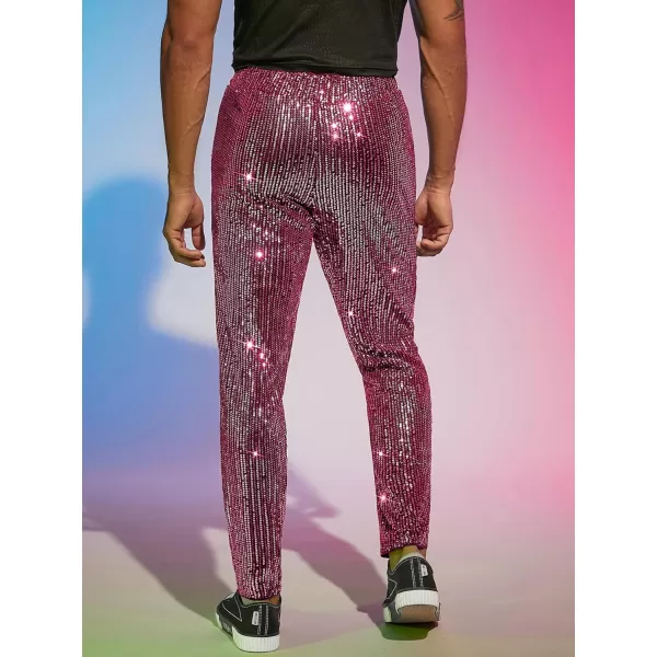 WDIRARA Men's Contrast Sequin Carrot Pants Elastic Waist Skinny Straight Leg Pants