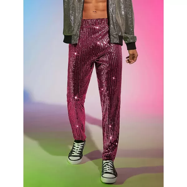 WDIRARA Men's Contrast Sequin Carrot Pants Elastic Waist Skinny Straight Leg Pants