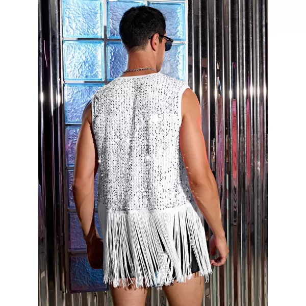 WDIRARA Men's Contrast Sequins Fringe Trim Sleeveless Open Front Party Club Jacket