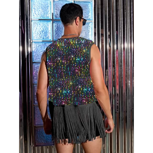 WDIRARA Men's Contrast Sequins Fringe Trim Sleeveless Open Front Party Club Jacket