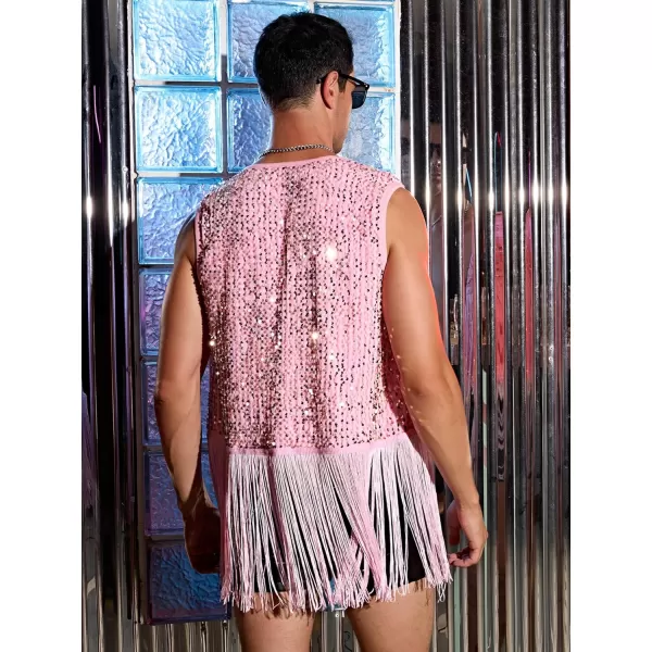 WDIRARA Men's Contrast Sequins Fringe Trim Sleeveless Open Front Party Club Jacket