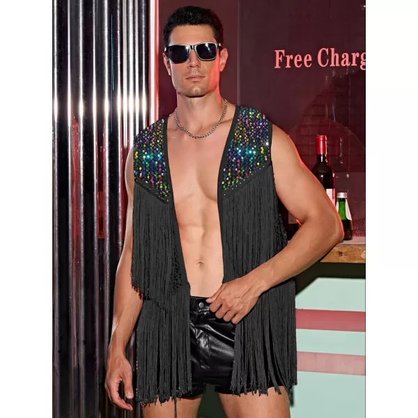WDIRARA Men's Contrast Sequins Fringe Trim Sleeveless Open Front Party Club Jacket