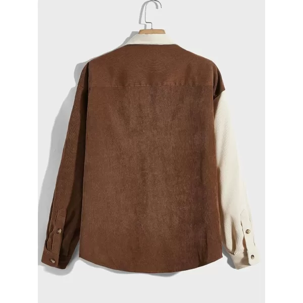 WDIRARA Men's Corduroy Button Down Long Sleeve Colorblock Shirt Collar Tops