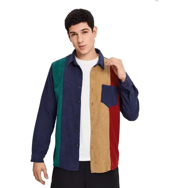 WDIRARA Men's Corduroy Button Down Long Sleeve Colorblock Shirt Collar Tops