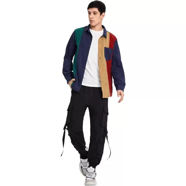 WDIRARA Men's Corduroy Button Down Long Sleeve Colorblock Shirt Collar Tops