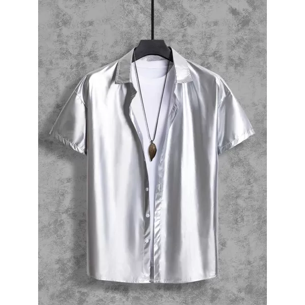 WDIRARA Men's Crocodile Pattern Metallic Button Front Short Sleeve Shirt Party Top