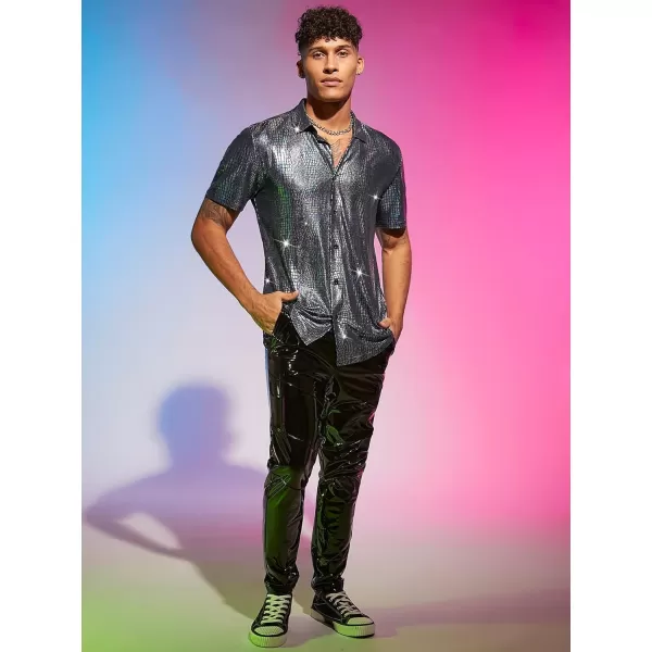 WDIRARA Men's Crocodile Pattern Metallic Button Front Short Sleeve Shirt Party Top