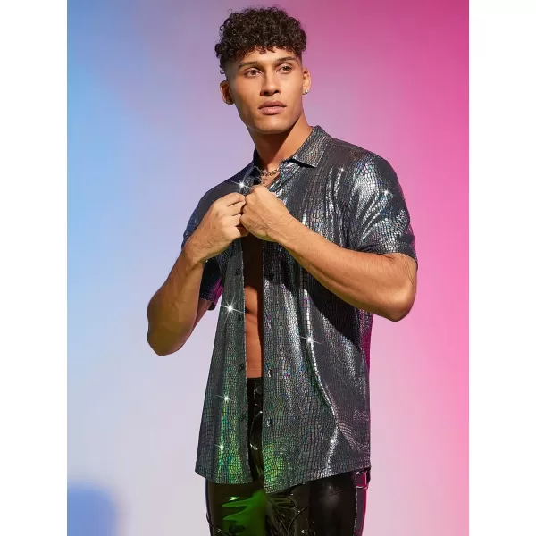 WDIRARA Men's Crocodile Pattern Metallic Button Front Short Sleeve Shirt Party Top