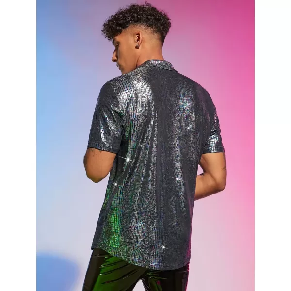 WDIRARA Men's Crocodile Pattern Metallic Button Front Short Sleeve Shirt Party Top