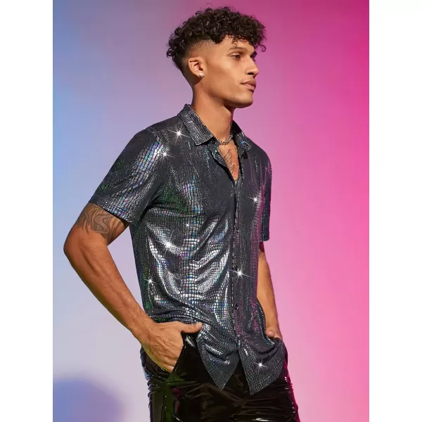 WDIRARA Men's Crocodile Pattern Metallic Button Front Short Sleeve Shirt Party Top