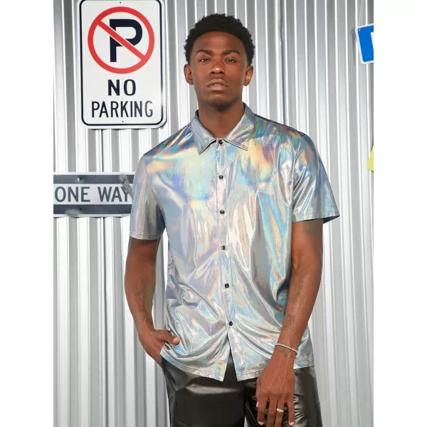 WDIRARA Men's Disco Metallic Shirt Short Sleeve Button Up Holographic Party Shirt Top