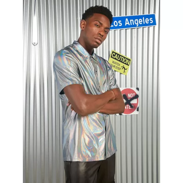 WDIRARA Men's Disco Metallic Shirt Short Sleeve Button Up Holographic Party Shirt Top