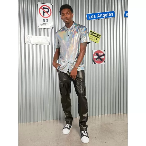 WDIRARA Men's Disco Metallic Shirt Short Sleeve Button Up Holographic Party Shirt Top