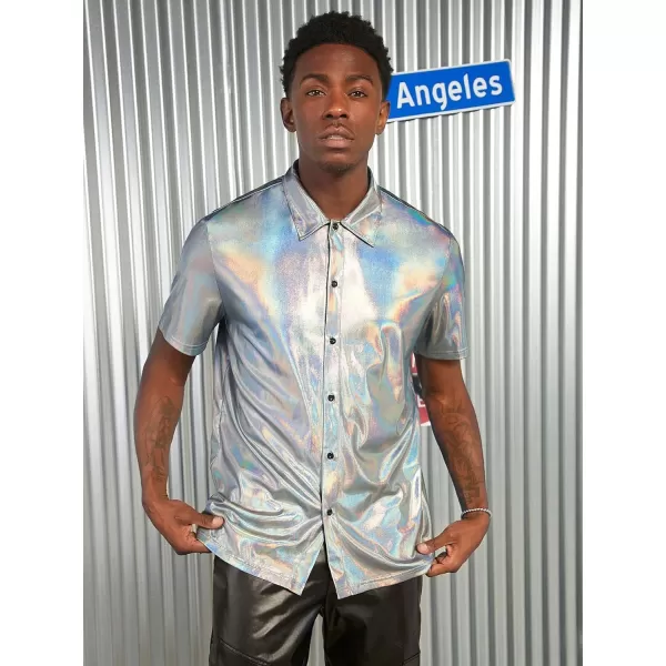 WDIRARA Men's Disco Metallic Shirt Short Sleeve Button Up Holographic Party Shirt Top