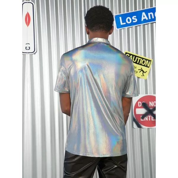 WDIRARA Men's Disco Metallic Shirt Short Sleeve Button Up Holographic Party Shirt Top