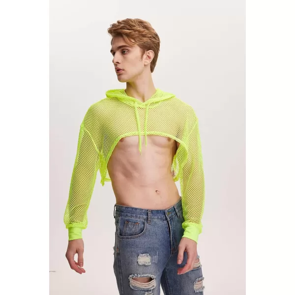 WDIRARA Men's Drawstring Fishnet Mesh Long Sleeve Hoodie Crop Top Pullovers