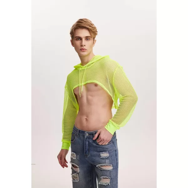 WDIRARA Men's Drawstring Fishnet Mesh Long Sleeve Hoodie Crop Top Pullovers
