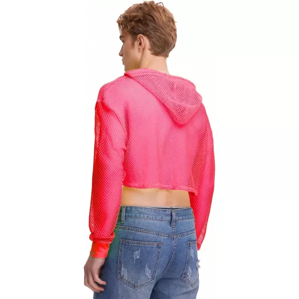 WDIRARA Men's Drawstring Fishnet Mesh Long Sleeve Hoodie Crop Top Pullovers