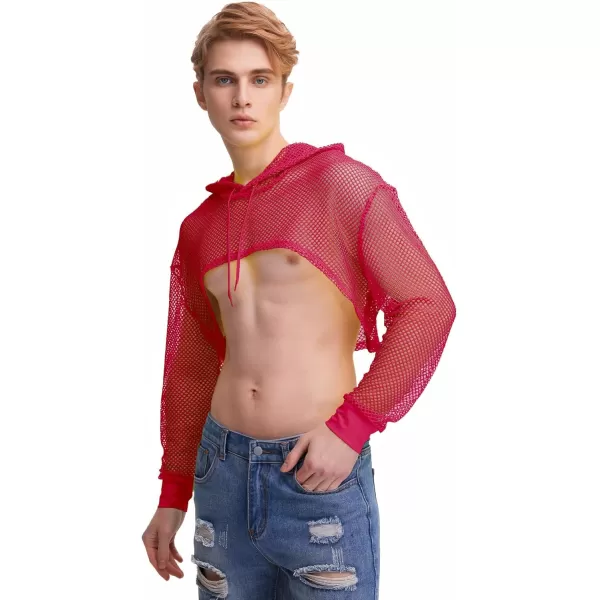 WDIRARA Men's Drawstring Fishnet Mesh Long Sleeve Hoodie Crop Top Pullovers