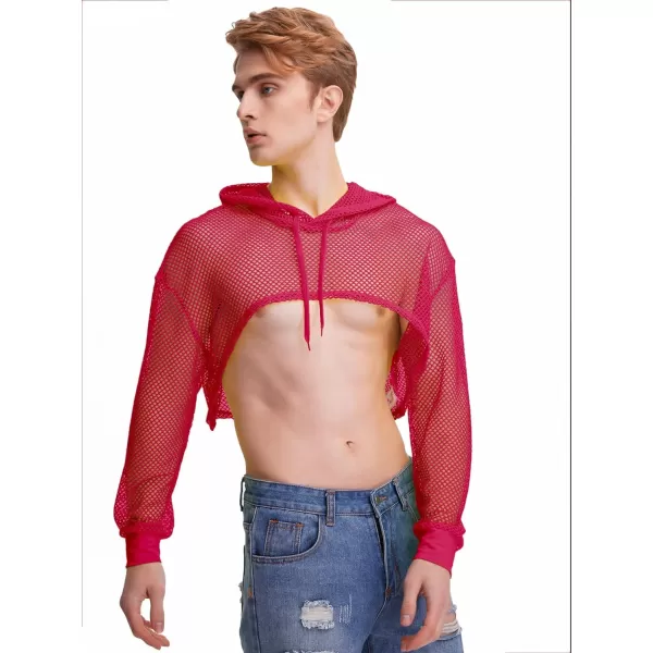 WDIRARA Men's Drawstring Fishnet Mesh Long Sleeve Hoodie Crop Top Pullovers