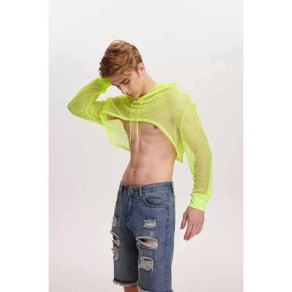 WDIRARA Men's Drawstring Fishnet Mesh Long Sleeve Hoodie Crop Top Pullovers