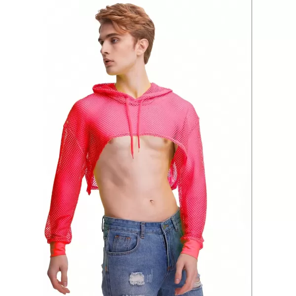 WDIRARA Men's Drawstring Fishnet Mesh Long Sleeve Hoodie Crop Top Pullovers